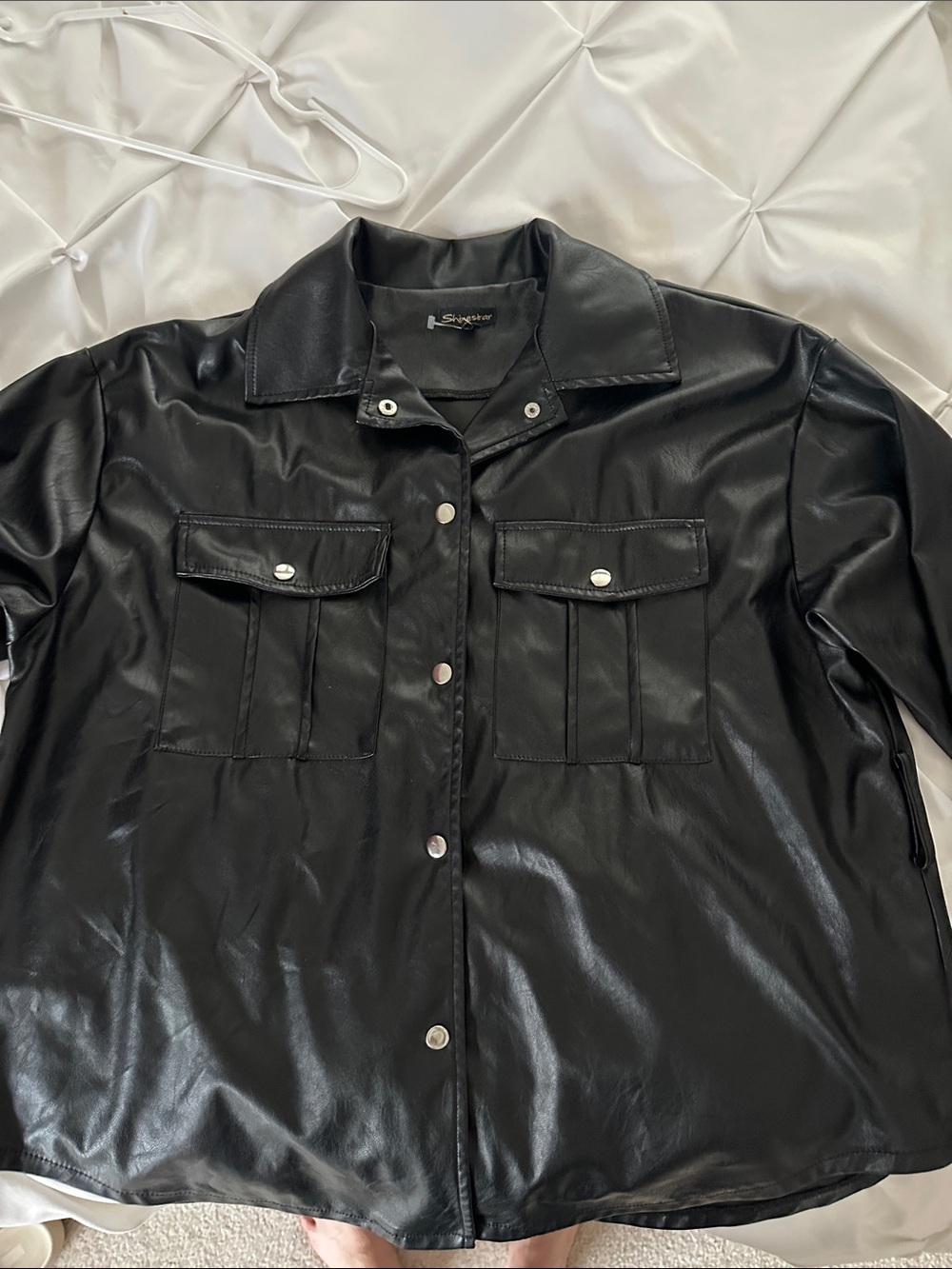 Shinestar Black Faux Leather Button-Front Jacket
